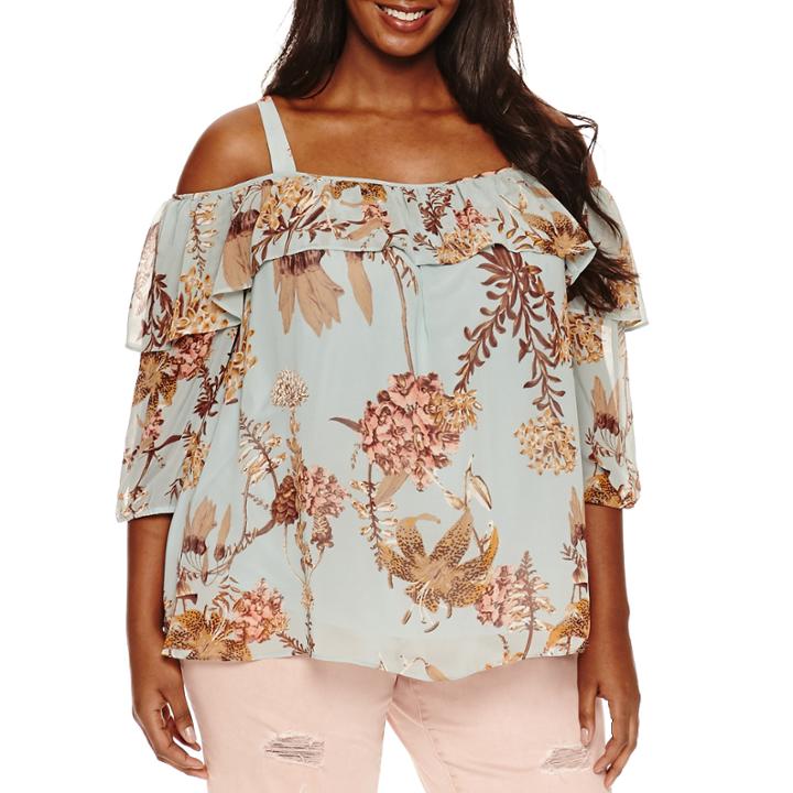 Boutique + 3/4 Sleeve Cold Shoulder Blouse-plus