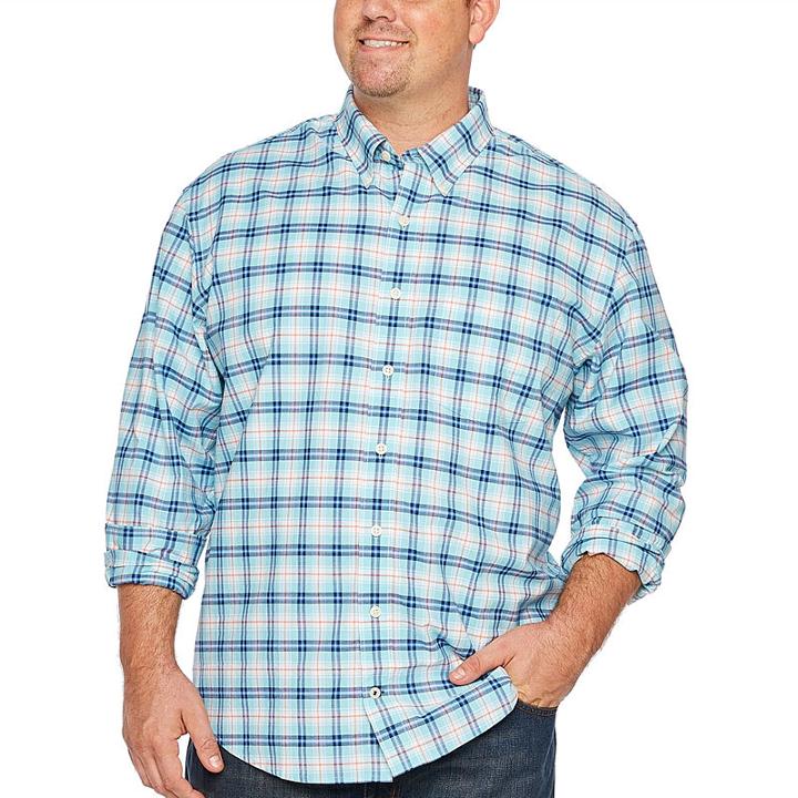 Izod Long Sleeve Plaid Oxford Woven Long Sleeve Plaid Button-front Shirt-big And Tall