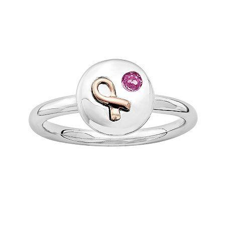 Personally Stackable Genuine Pink Sapphire Two-tone Awareness Ribbon Disc Ring