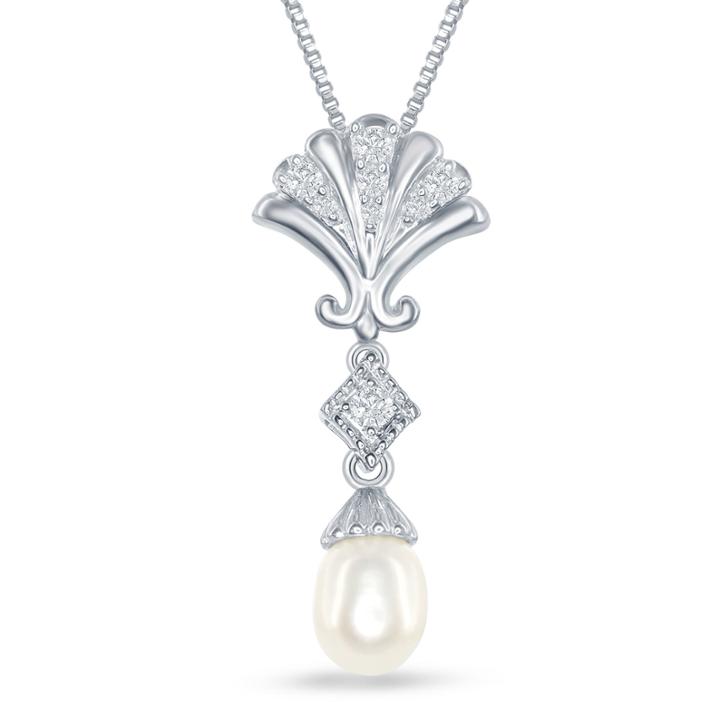 Enchanted By Disney Cultured Freshwater Pearl & 1/10 C.t.t.w. Diamond Ariel Shell Pendant Necklace In Sterling Silver