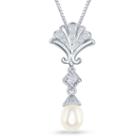 Enchanted By Disney Cultured Freshwater Pearl & 1/10 C.t.t.w. Diamond Ariel Shell Pendant Necklace In Sterling Silver