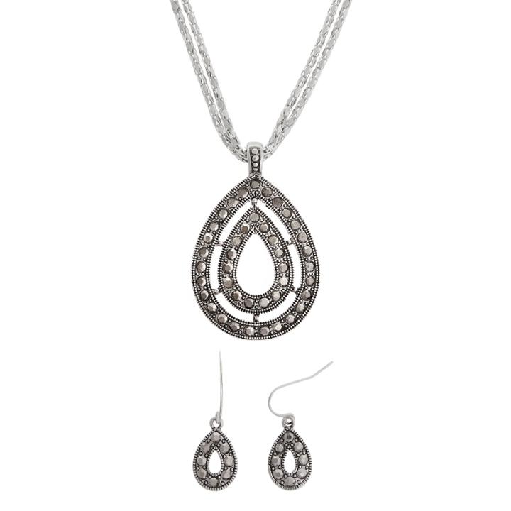 Simulated Marcasite Teardrop Pendant Necklace & Earrings Set
