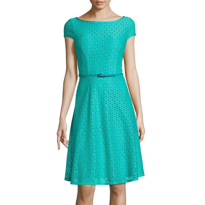 Black Label By Evan-picone Cap Sleeve Circle Lace Belted Fit-and-flare Dress