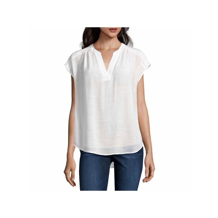 Liz Claiborne Short Sleeve Y Neck Woven Blouse-talls