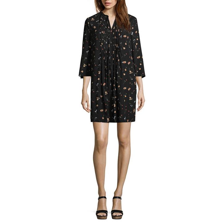 A.n.a. Notch Neck Pintuck Long Sleeve Floral Shift Dress