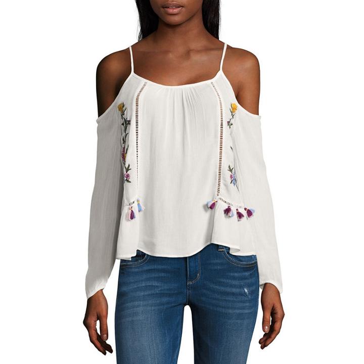 Arizona Long Sleeve Round Neck Woven Bohemian Blouse-juniors