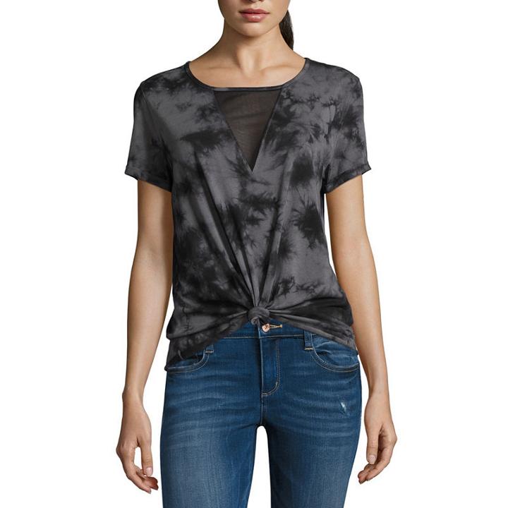 Short Sleeve Mesh Front Tie Knot T-shirt- Juniors