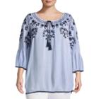 3/4 Sleeve Embroidered Peasant Blouse - Plus