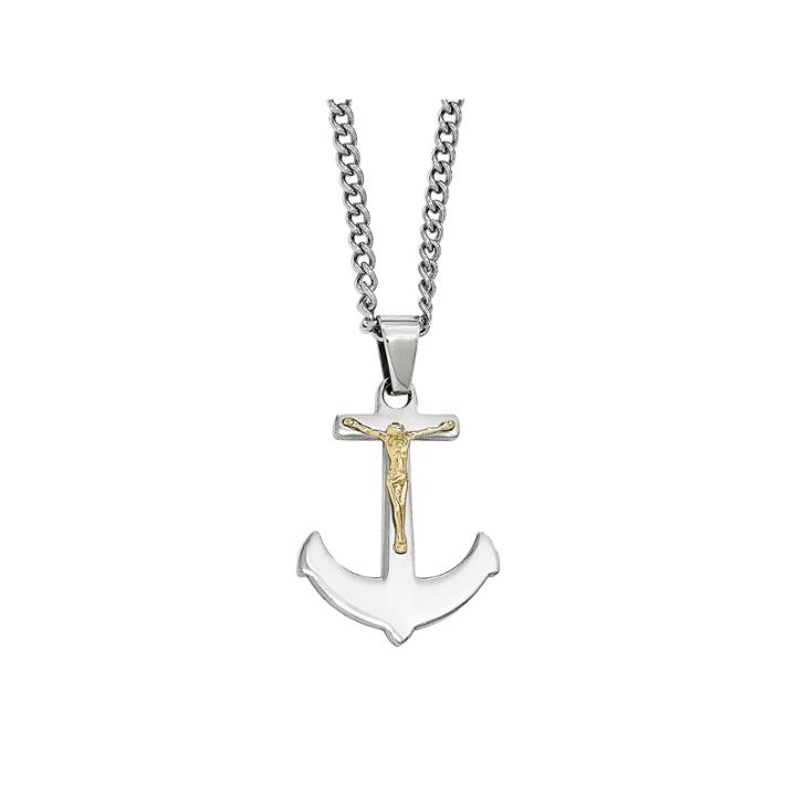 Mens Stainless Steel 14k Yellow Gold Crucifix Anchor Pendant