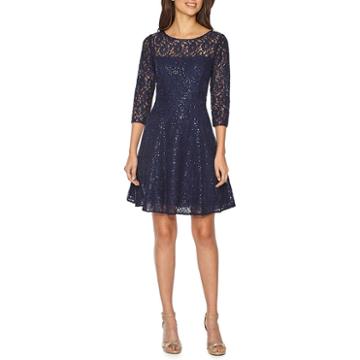 S.l. Fashions Elbow Sleeve Fit & Flare Dress