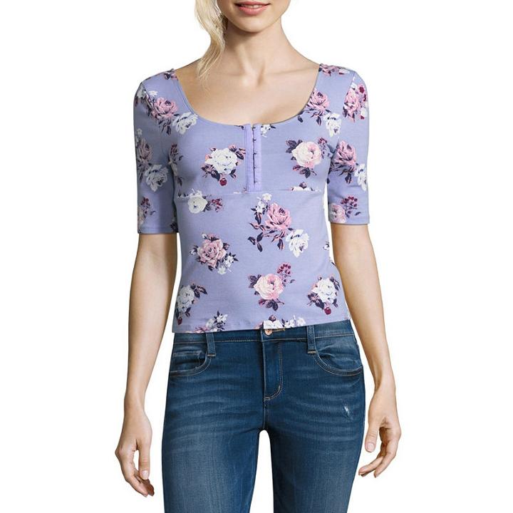 Arizona Elbow Sleeve Henley Neck Floral T-shirt-womens Juniors