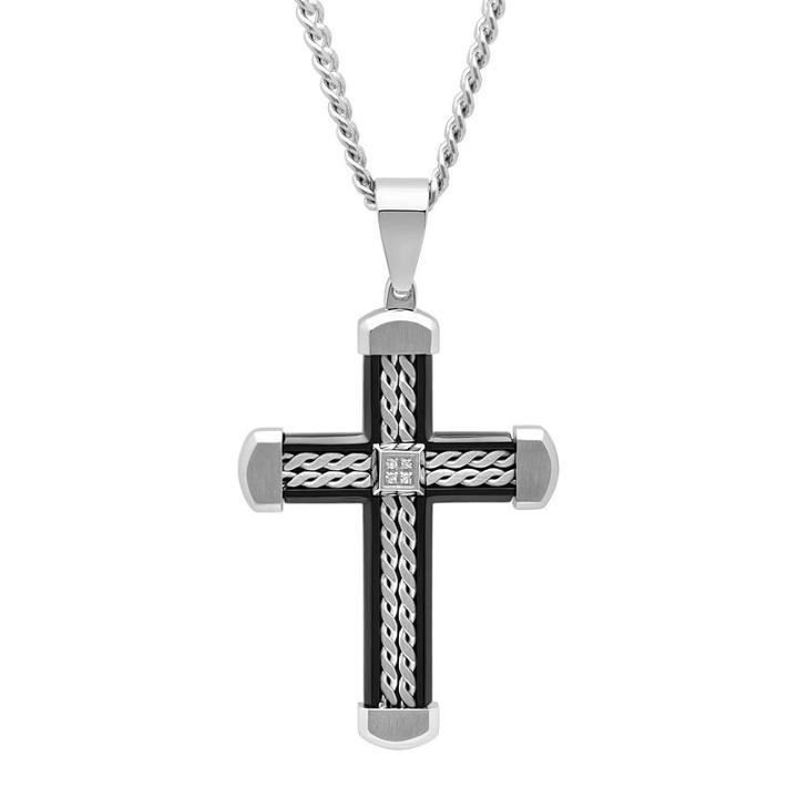 Mens Diamond Accent Stainless Steel With Black Ip Braid Design Cross Pendant Necklace