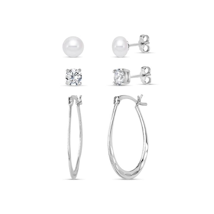 Diamonart 3 Pair 1/2 Ct. T.w. White Cubic Zirconia Sterling Silver Earring Sets