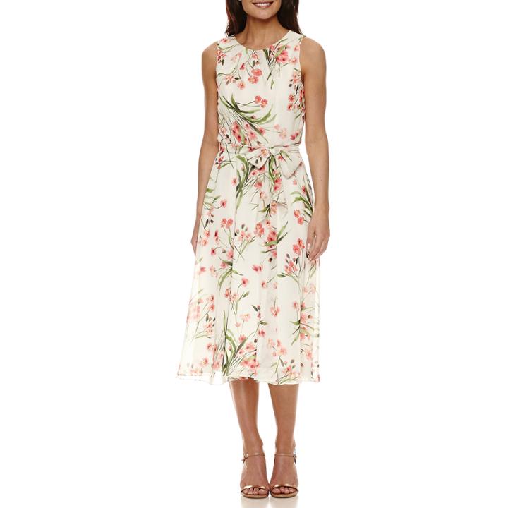 Jessica Howard Sleeveless Pleat Neck Floral Fit And Flare Dress