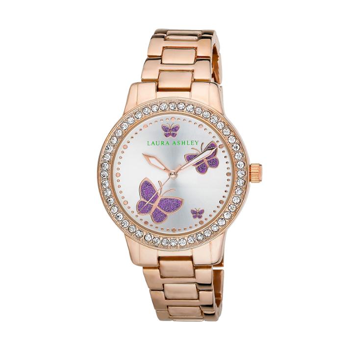 Laura Ashley Ladies Rose Gold Band Purple Butterfly Stone Bezel Watch La31015rg