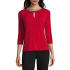 Liz Claiborne 3/4 Sleeve Keyhole Neck Embellished T-shirt
