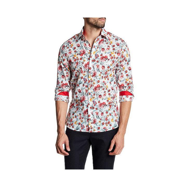 Tr Premium Red Floral Pattern Contrast Slim Fit Dress Shirt