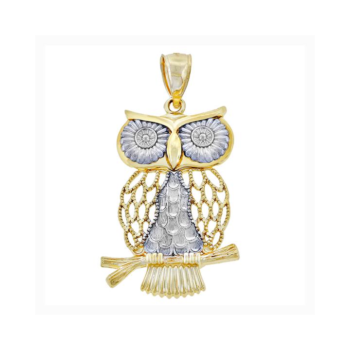 14k Two-tone Gold Swinging Owl Charm Pendant