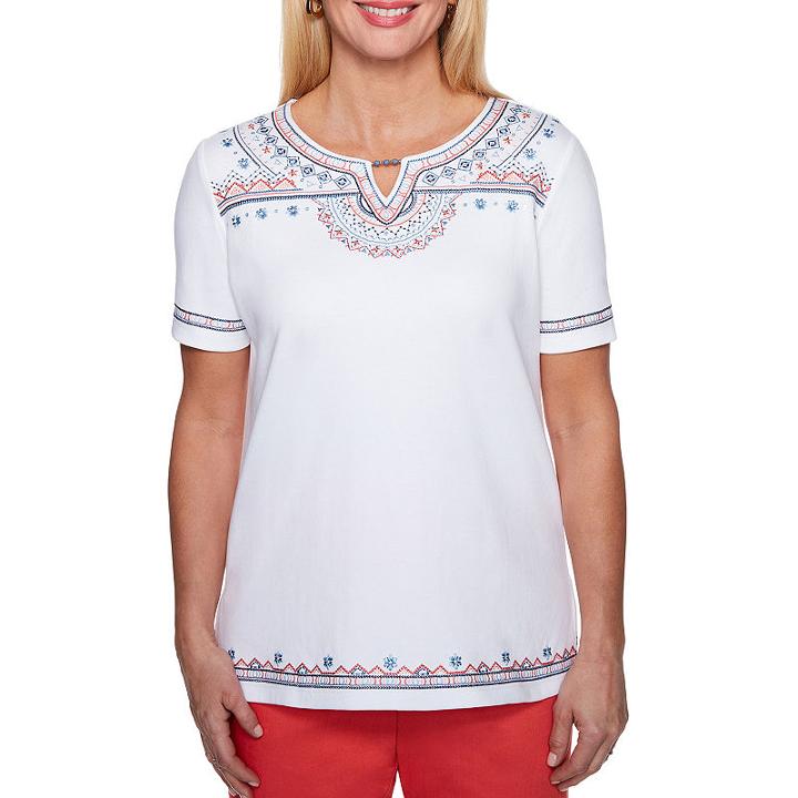 Alfred Dunner Sun City Short Sleeve Split Crew Neck T-shirt-womens