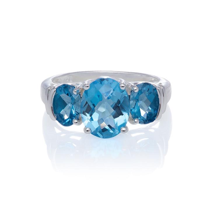 Genuine Blue And White Topaz Sterling Silver 3 Stone Ring