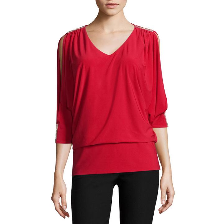 Prelude Long-sleeve V-neck Rhinestone Trim Blouson Top