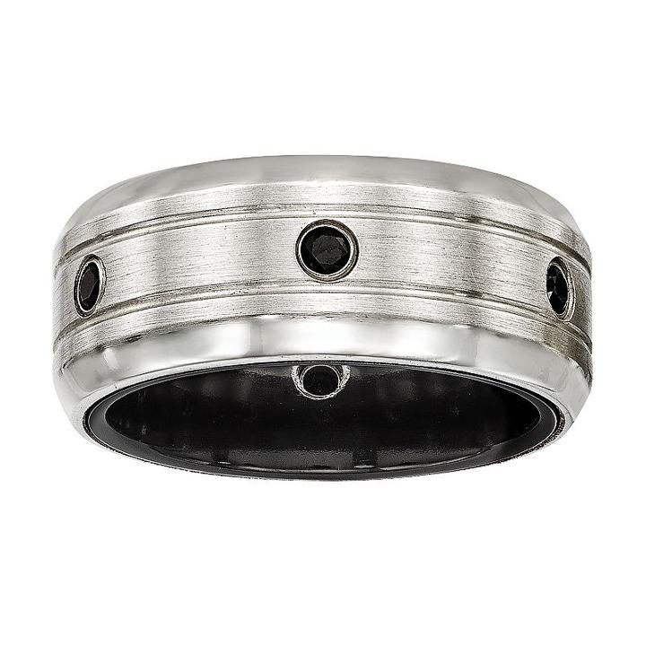 Edward Mirell Mens Genuine Black Spinel Titanium & Sterling Silver Wedding Band
