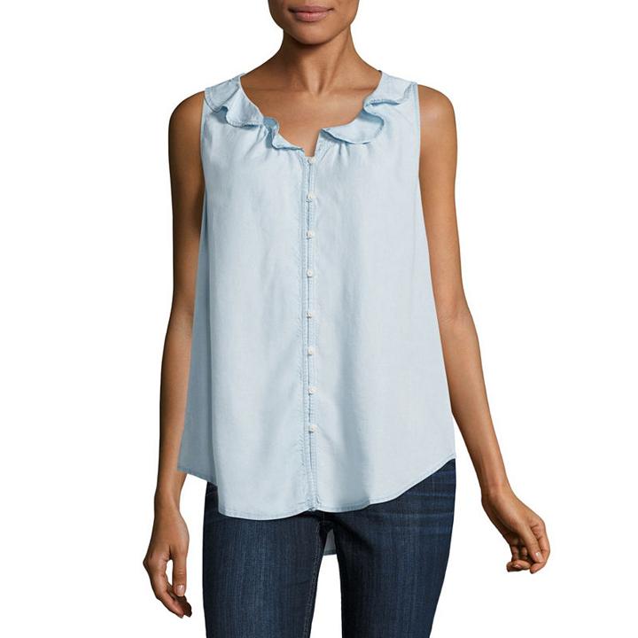 Liz Claiborne Sleeveless Ruffle Neck Button Front Blouse