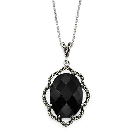 Onyx And Marcasite Sterling Silver Pendant Necklace