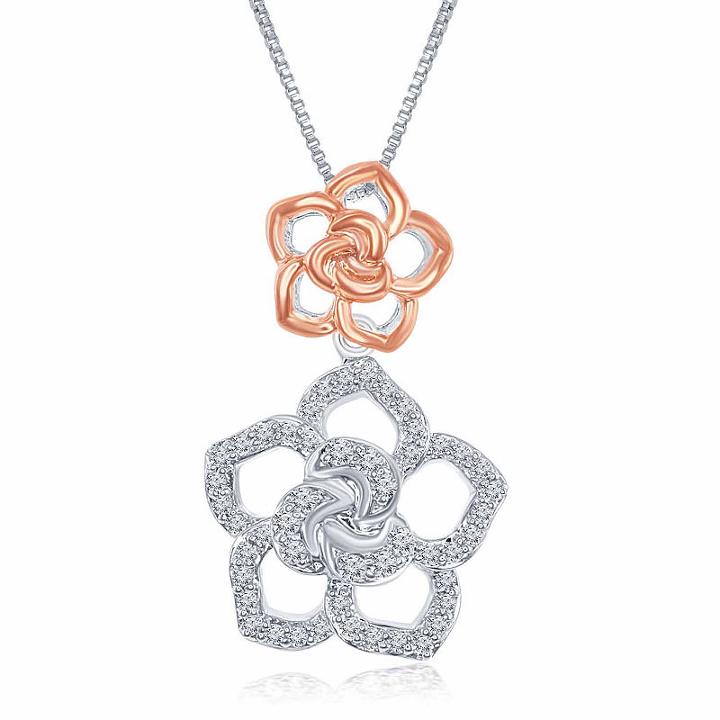 Enchanted Disney Fine Jewelry 1/5 C.t.t.w. Diamond Sterling Silver With 14k Rose Gold Accent Belle Pendant Necklace