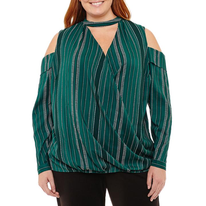 Worthington Long Sleeve Cold Shoulder Choker Neck Woven Stripe Blouse-plus