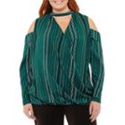 Worthington Long Sleeve Cold Shoulder Choker Neck Woven Stripe Blouse-plus