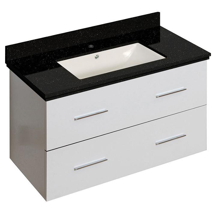 36-in. W Wall Mount White Vanity Set For 1 Hole Drilling Black Galaxy Top Biscuit Um Sink