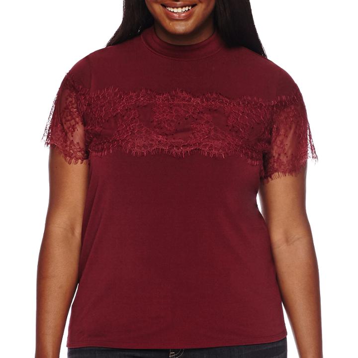 Decree Short-sleeve Mockneck Lace Top - Plus