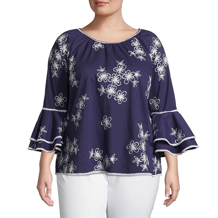 3/4tiered Sleeve Embroidered Blouse - Plus