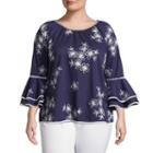 3/4tiered Sleeve Embroidered Blouse - Plus