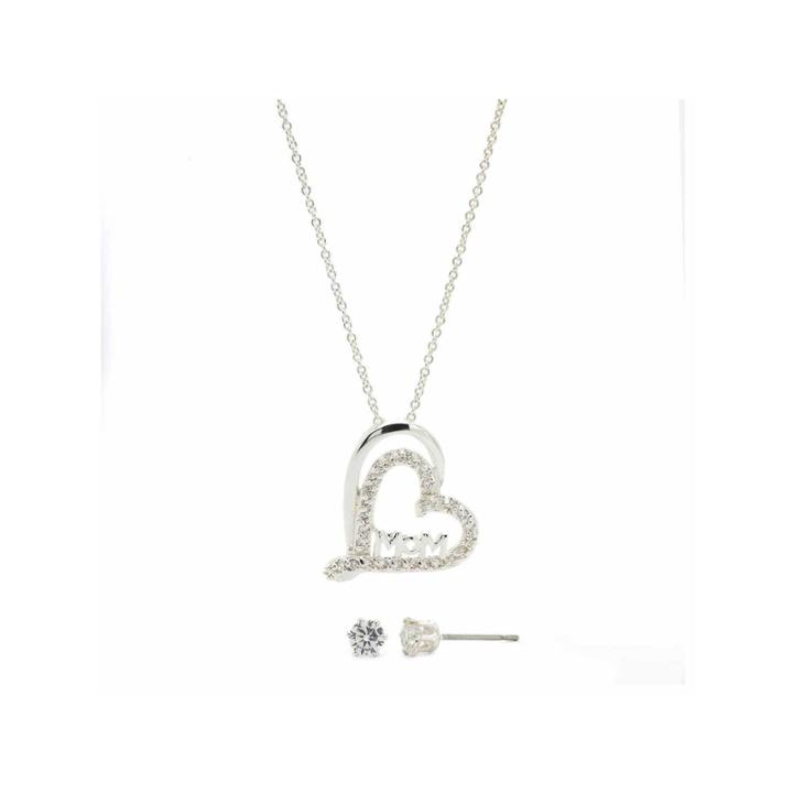 Sparkle Allure Clear Cubic Zirconia Silver Mom In Heart Pendant With Earrings