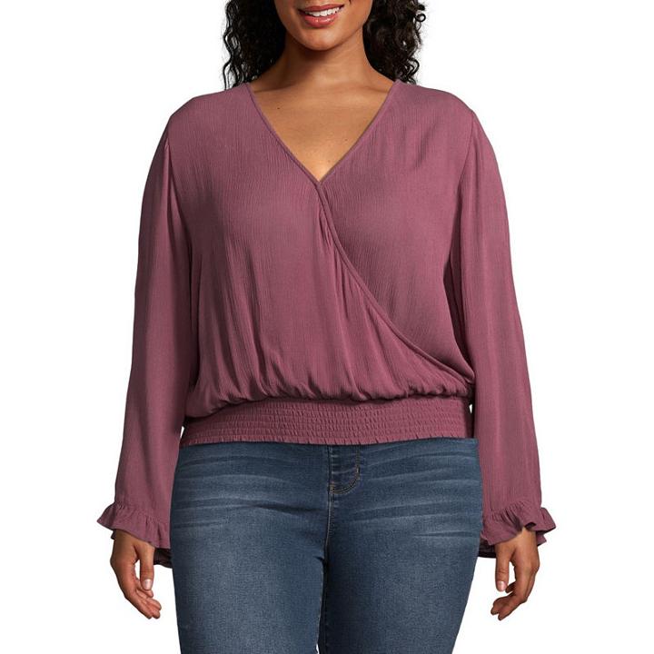 Arizona Long Sleeve V Neck Gauze Bohemian Blouse-juniors Plus