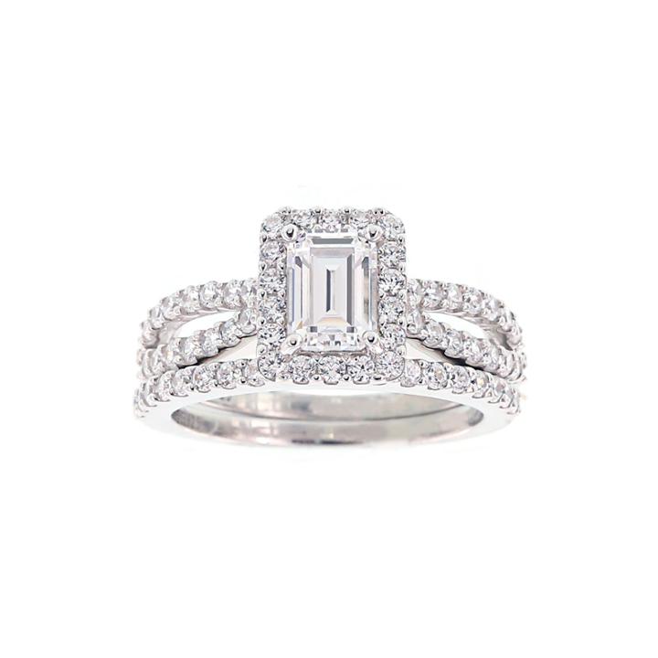 Diamonart Cubic Zirconia Sterling Silver Emerald-cut Bridal Ring Set