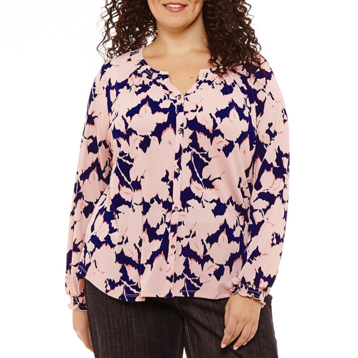 Liz Claiborne Smocked Button Tee- Plus