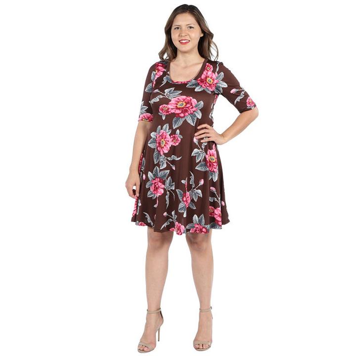 24seven Comfort Apparel Gemma Brown Floral Mini Dress - Plus