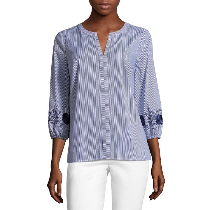 Liz Claiborne 3/4 Sleeve Split Crew Neck Woven Stripe Blouse-talls