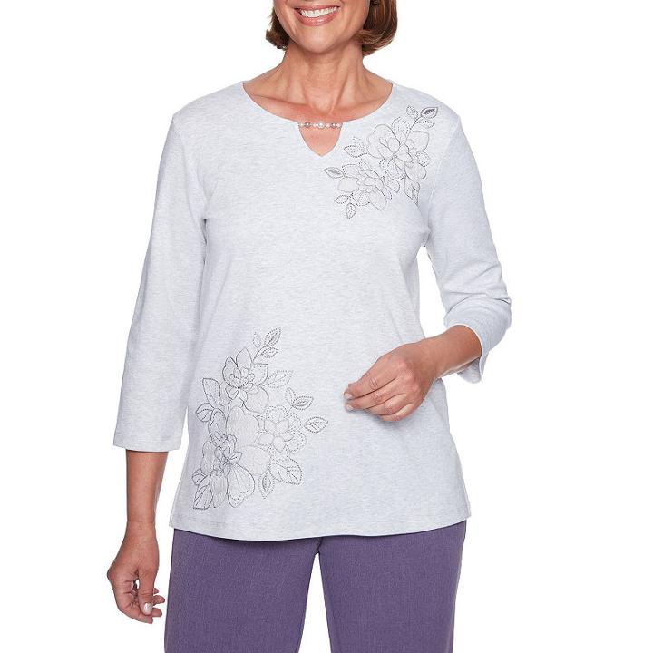 Alfred Dunner Smart Investments 3/4 Sleeve Split Crew Neck Floral T-shirt-womens