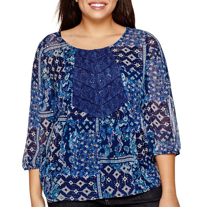 Arizona 3/4-sleeve Lace-inset Pintuck Woven Top - Plus