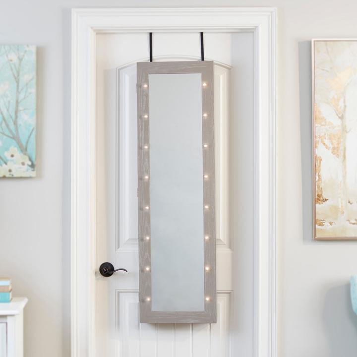 Weathered Grey Mirrored Jewelry Armoire With Led Lights
