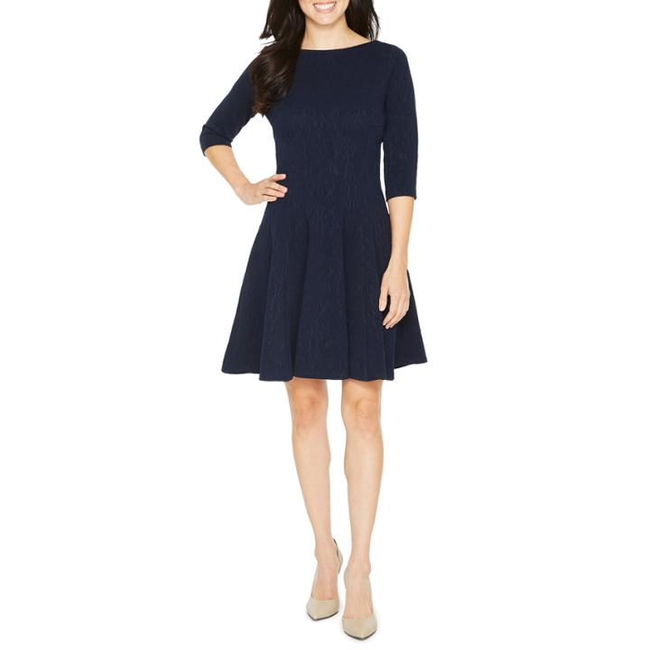 Danny & Nicole Elbow Sleeve Damask Fit & Flare Dress