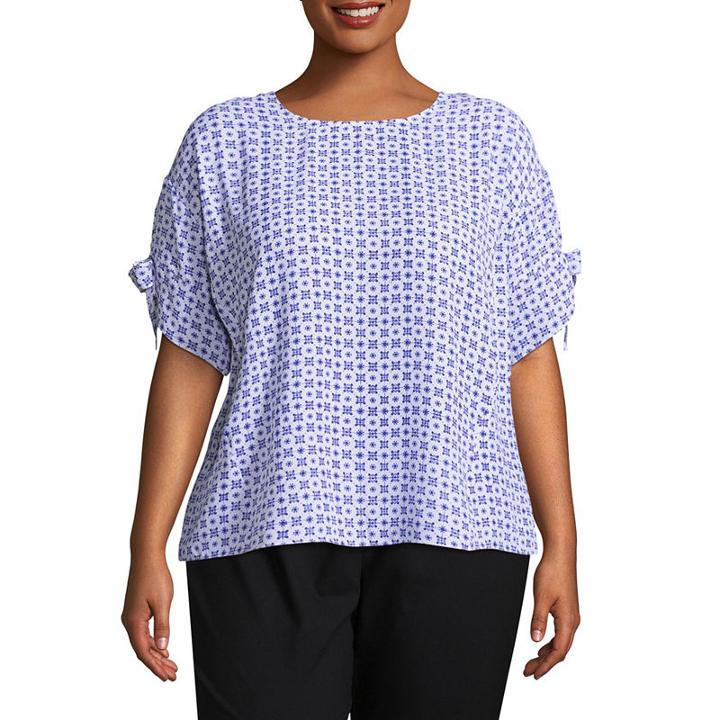 Worthington Short Tie Sleeve Scoop Neck Woven Blouse - Plus
