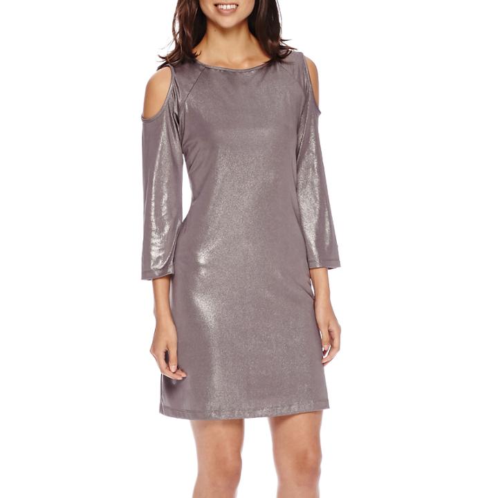 Scarlett 3/4-sleeve Metallic Knit Cold-shoulder Sheath Dress