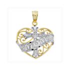 14k Two-tone Gold Filigree Mom Heart With Cross Charm Pendant
