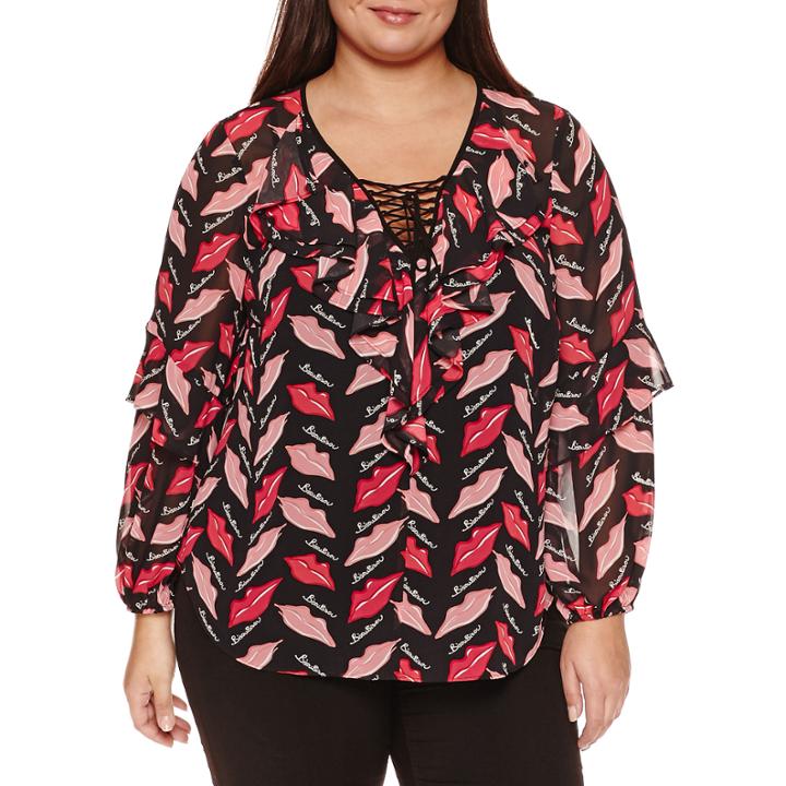 Bisou Bisou Long Sleeve Lace Up Lip Print Blouse-plus
