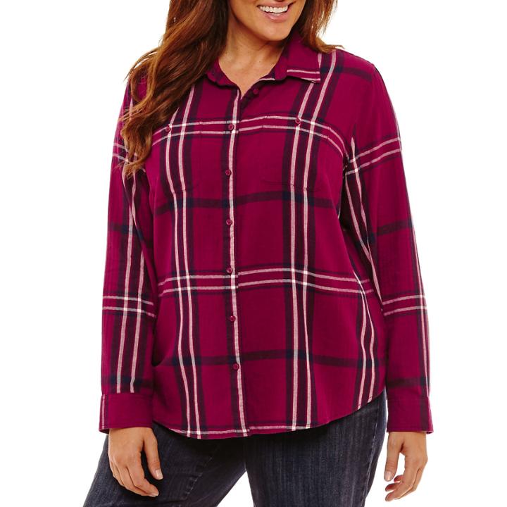 St. John's Bay Long Sleeve Brushed Twill Woven Button Front Shirt-plus